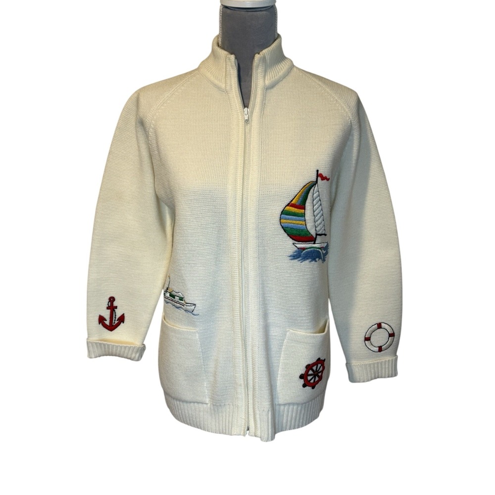VTG 60-70's LeRoy Knitwear Sweater Full Zip Cardigan Vintage Boat Nautical LG